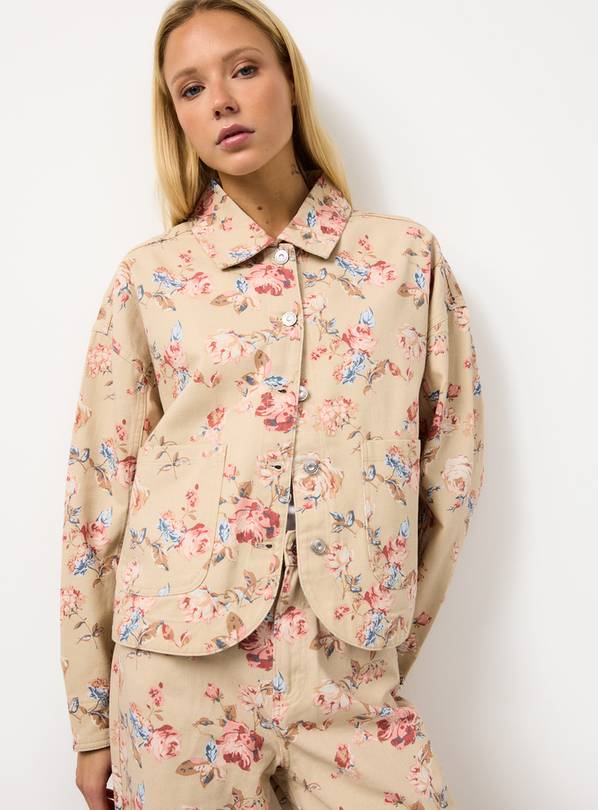 Cream Floral Printed Boxy Co-ord Denim Jacket 16